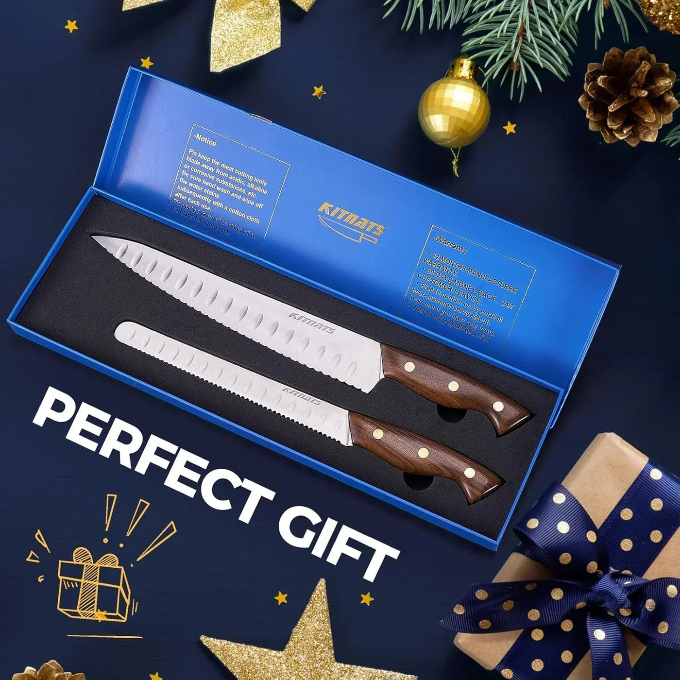 KITNATS kitchen knives set in blue gift box with holiday decorations, perfect gift for cooks