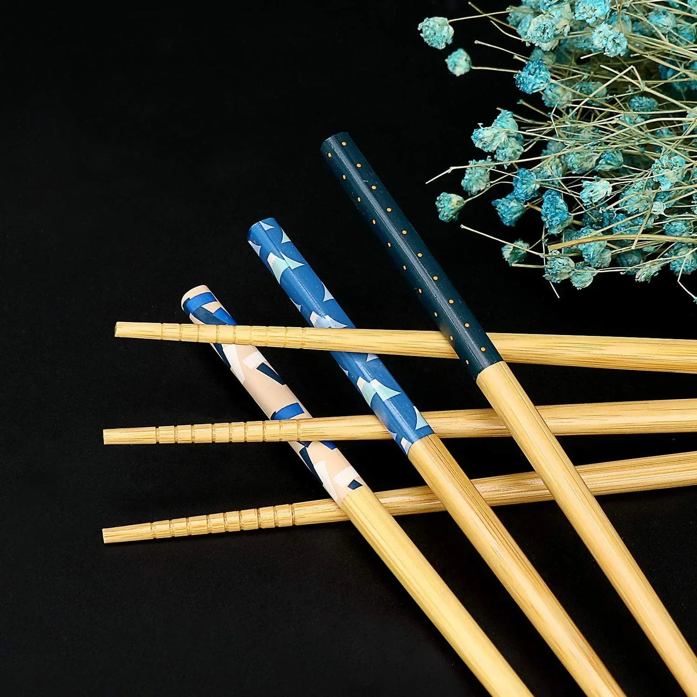 Bamboo chopsticks with blue patterned handles, kitchen dining essentials, stylish tableware set
