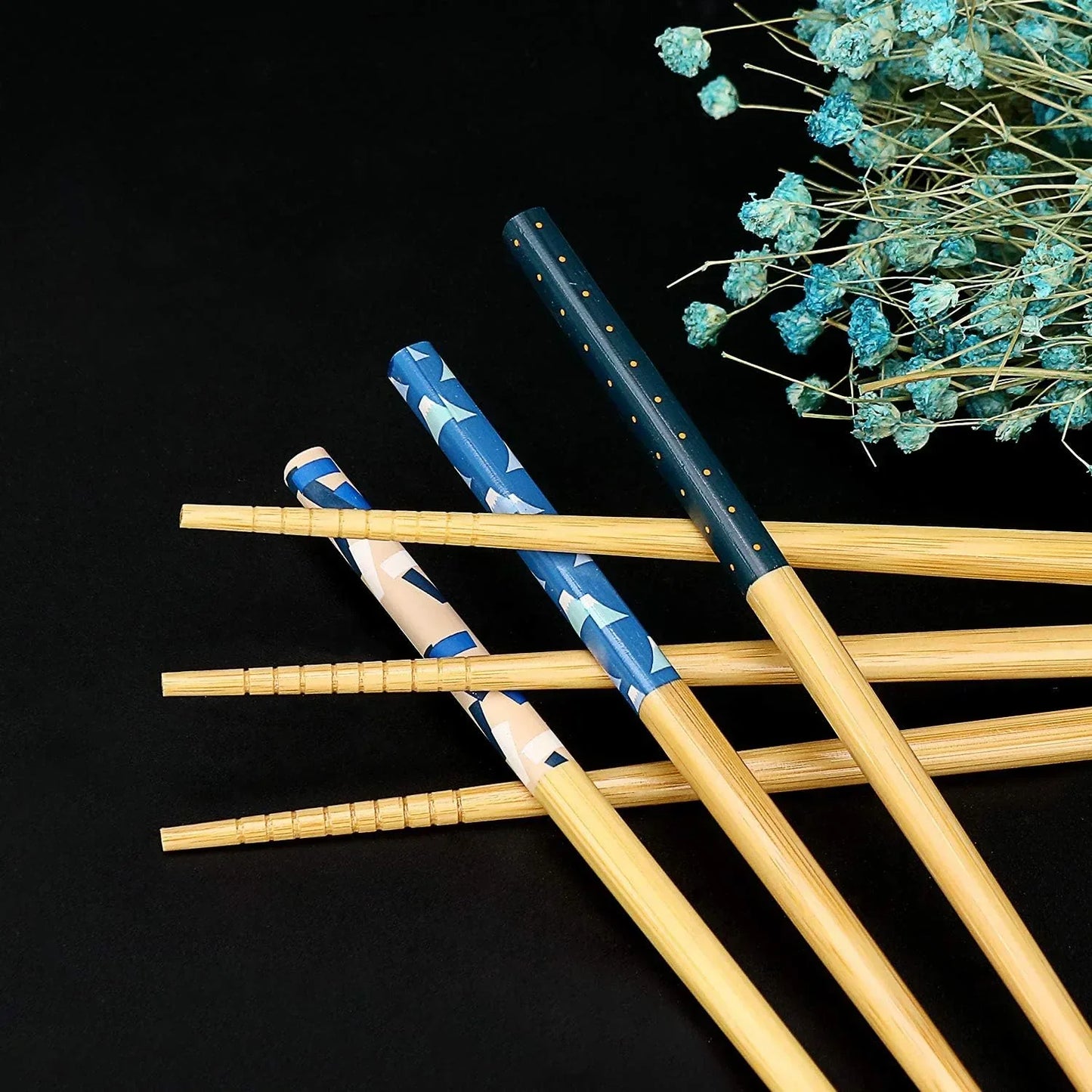 Bamboo chopsticks with blue patterned handles, kitchen dining essentials, stylish tableware set