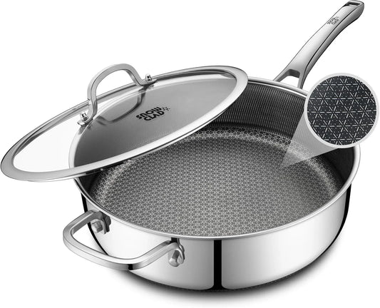 Frying Pans Nonstick with Lid,Hybrid Non Stick 5 Quart Saute Pan,Pfoa Free Cookware,Stainless Steel Skillet,12 Inch Deep Saute Pan,Dishwasher&Oven Safe,Works on All Cooktops
