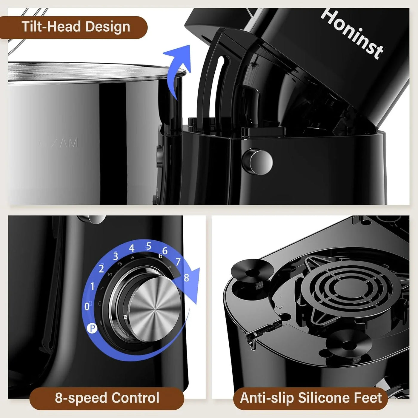 Stand Mixer, 3-In-1 8-Speed 660W 6.5QT Tilt-Head Food Mixer, Electric Mixer with Bowl, Dough Hook, Whisk and Beater, Kitchen Mixer for Baking, Cake and Most Home Cooks, Black