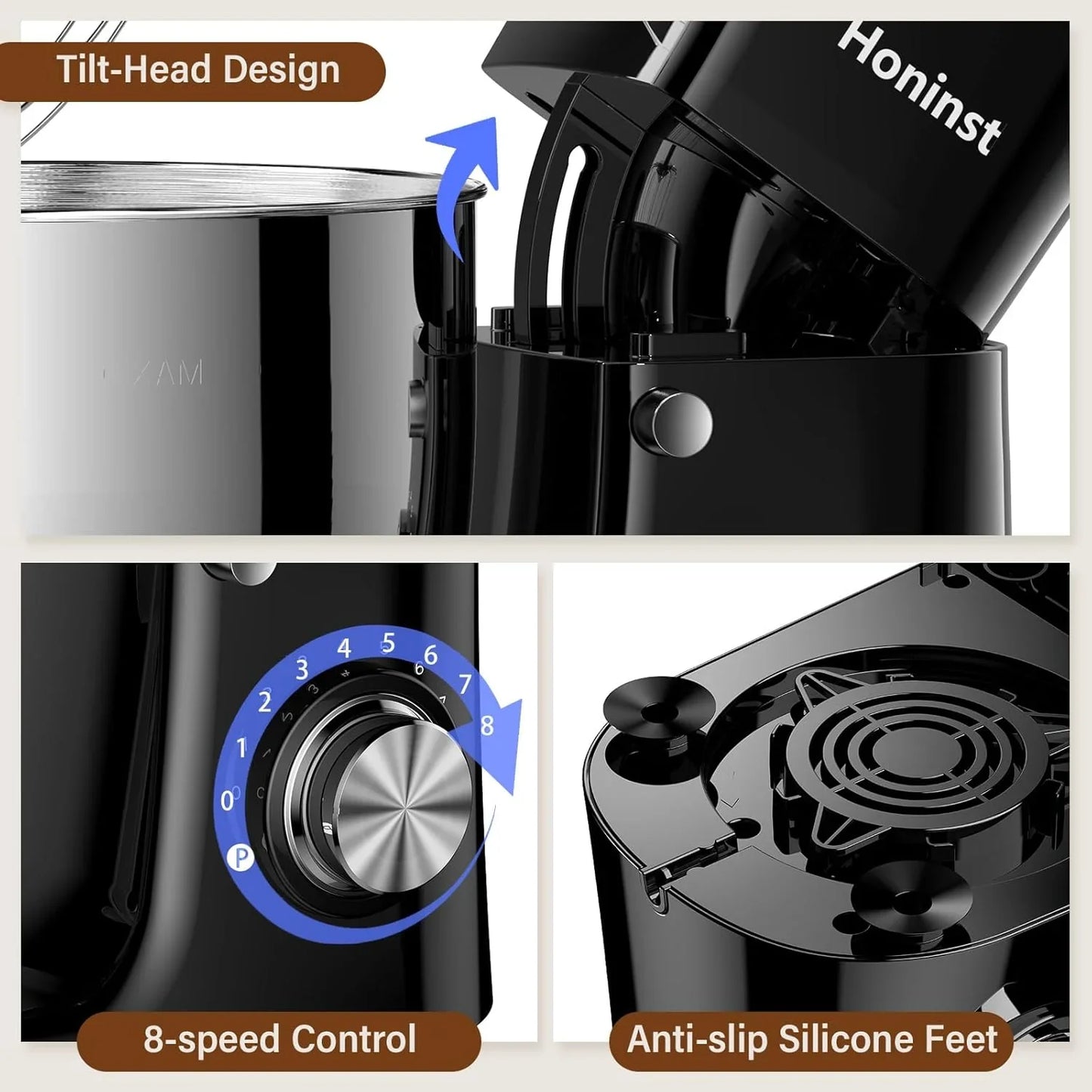 Stand Mixer, 3-In-1 8-Speed 660W 6.5QT Tilt-Head Food Mixer, Electric Mixer with Bowl, Dough Hook, Whisk and Beater, Kitchen Mixer for Baking, Cake and Most Home Cooks, Black