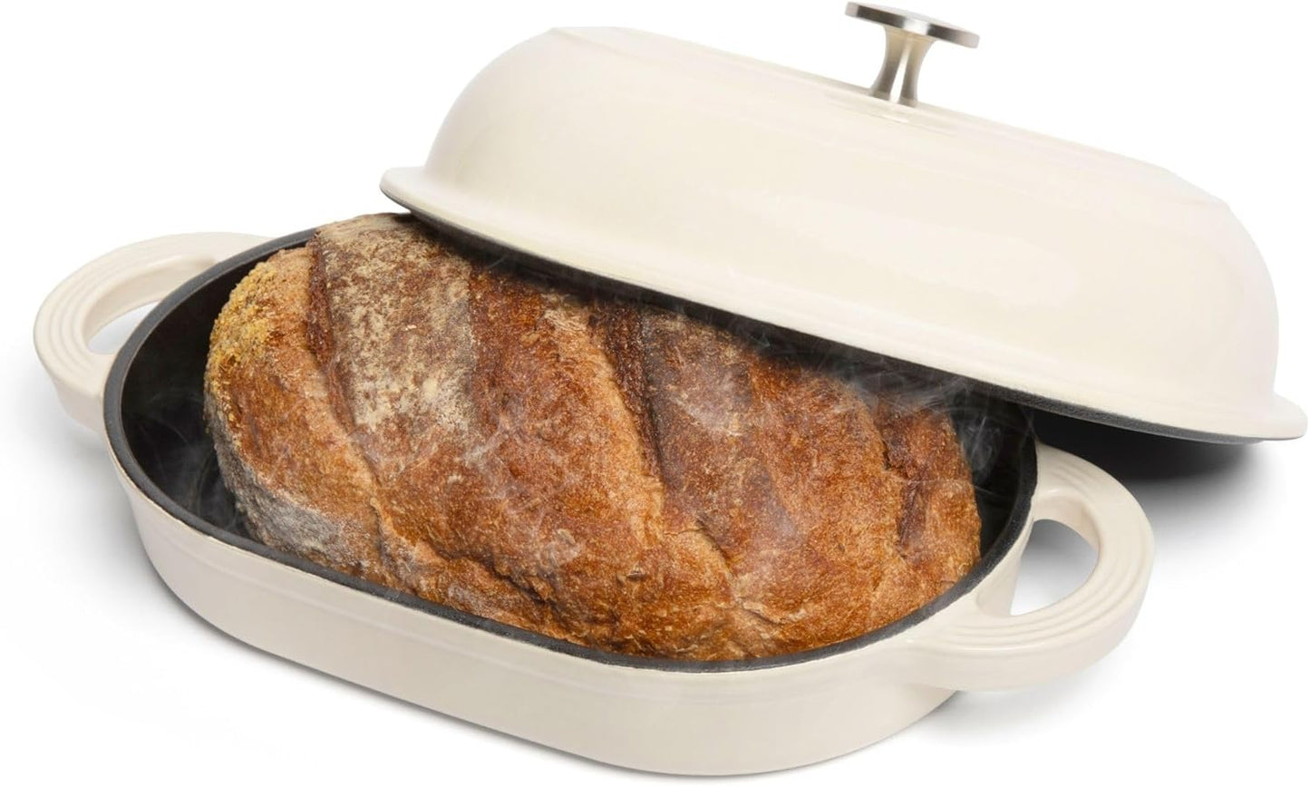 Cast Iron Oval Bread Oven, 10" X 6.5" - Rustic Dutch Oven Bread Cloche with Steam Circulating Lid for Perfect Sourdough