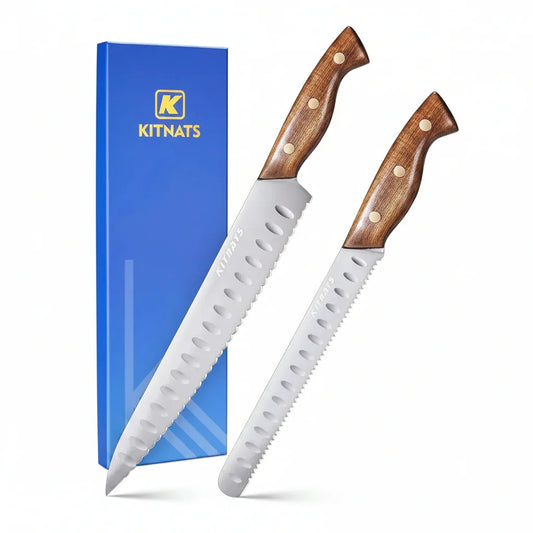 Kitnats serrated bread knives with wooden handles, ideal for kitchen cooking and slicing, shown with blue packaging.