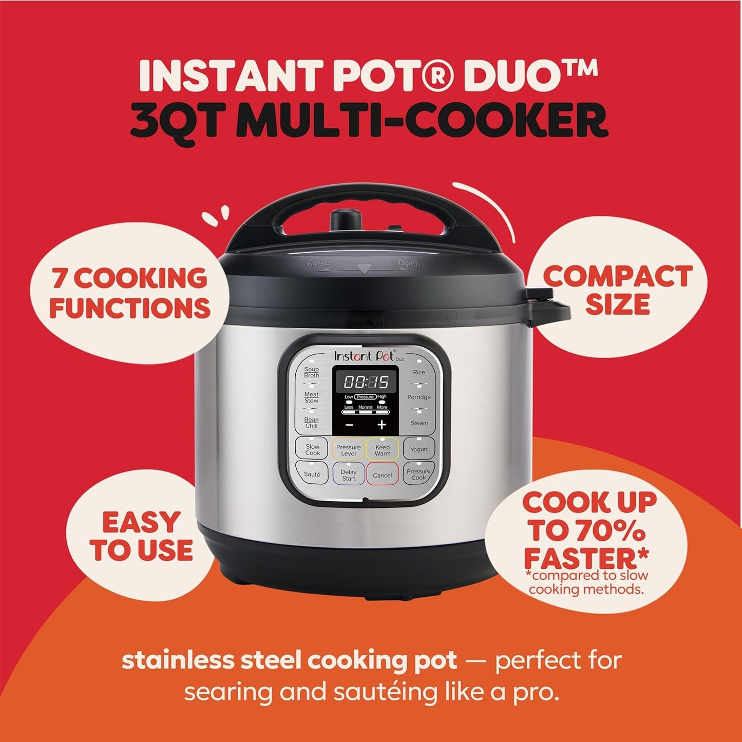 Duo 7-In-1 Mini Electric Pressure Cooker, Slow Rice Cooker, Steamer, Sauté, Yogurt Maker, Warmer & Sterilizer, Includes Free App with over 1900 Recipes, Stainless Steel, 3 Quart