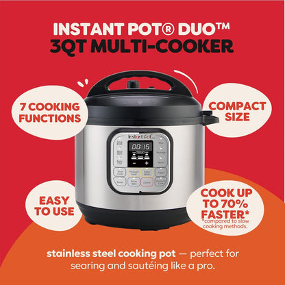 Duo 7-In-1 Mini Electric Pressure Cooker, Slow Rice Cooker, Steamer, Sauté, Yogurt Maker, Warmer & Sterilizer, Includes Free App with over 1900 Recipes, Stainless Steel, 3 Quart