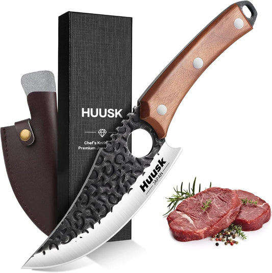 Viking Knife with Sheath - Hand Forged Butcher Knife for Meat Cutting - High Carbon Steel Meat Knives- Multipurpose Japanese Chef Knives for Camping, Outdoor, BBQ, Gift for Men and Women