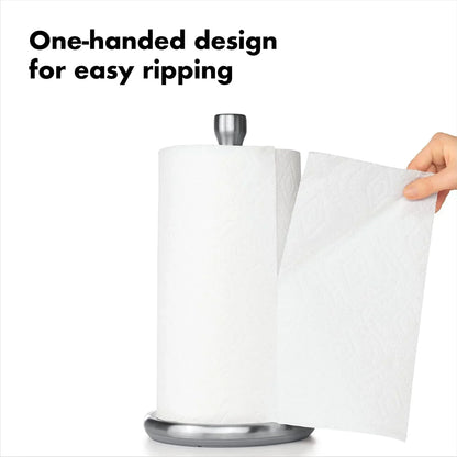 One-handed paper towel dispenser for easy ripping in kitchen