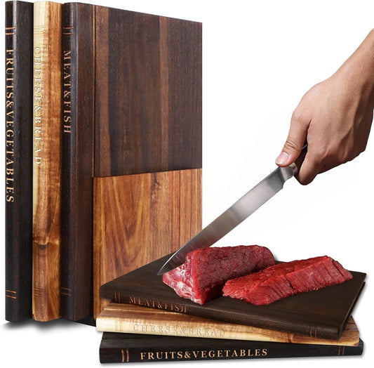 Book Cutting Board Set of 3 with Stand, Solid Acacia Cutting Boards That Look like Books, Decorative Cutting Board Book Set for Kitchen, Unique Book Cutting Boards Gift