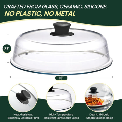 2 in 1, Glass Microwave Splatter Cover for Food & Microwave Place Mat, Plate Splatter Guard Lid with Easy Grip Silicone Handle Knob, Borosilicate Glass with Vent Hole, Food Grade, No Plastic, 10In
