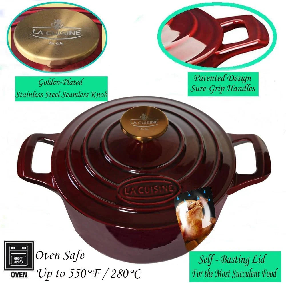 Enameled Cast Iron Dutch Oven Casserole Dish Pot with Lid, 5 QT 10.3“ /26Cm Dia. Internal Matt Black Enamel Coating Gold-Plated SS Lid Handle Oven Safe up to 500° F, Cranberry