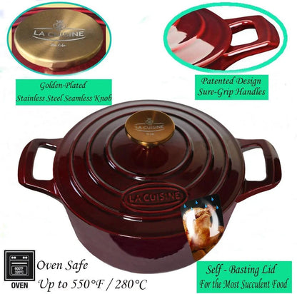 Enameled Cast Iron Dutch Oven Casserole Dish Pot with Lid, 5 QT 10.3“ /26Cm Dia. Internal Matt Black Enamel Coating Gold-Plated SS Lid Handle Oven Safe up to 500° F, Cranberry