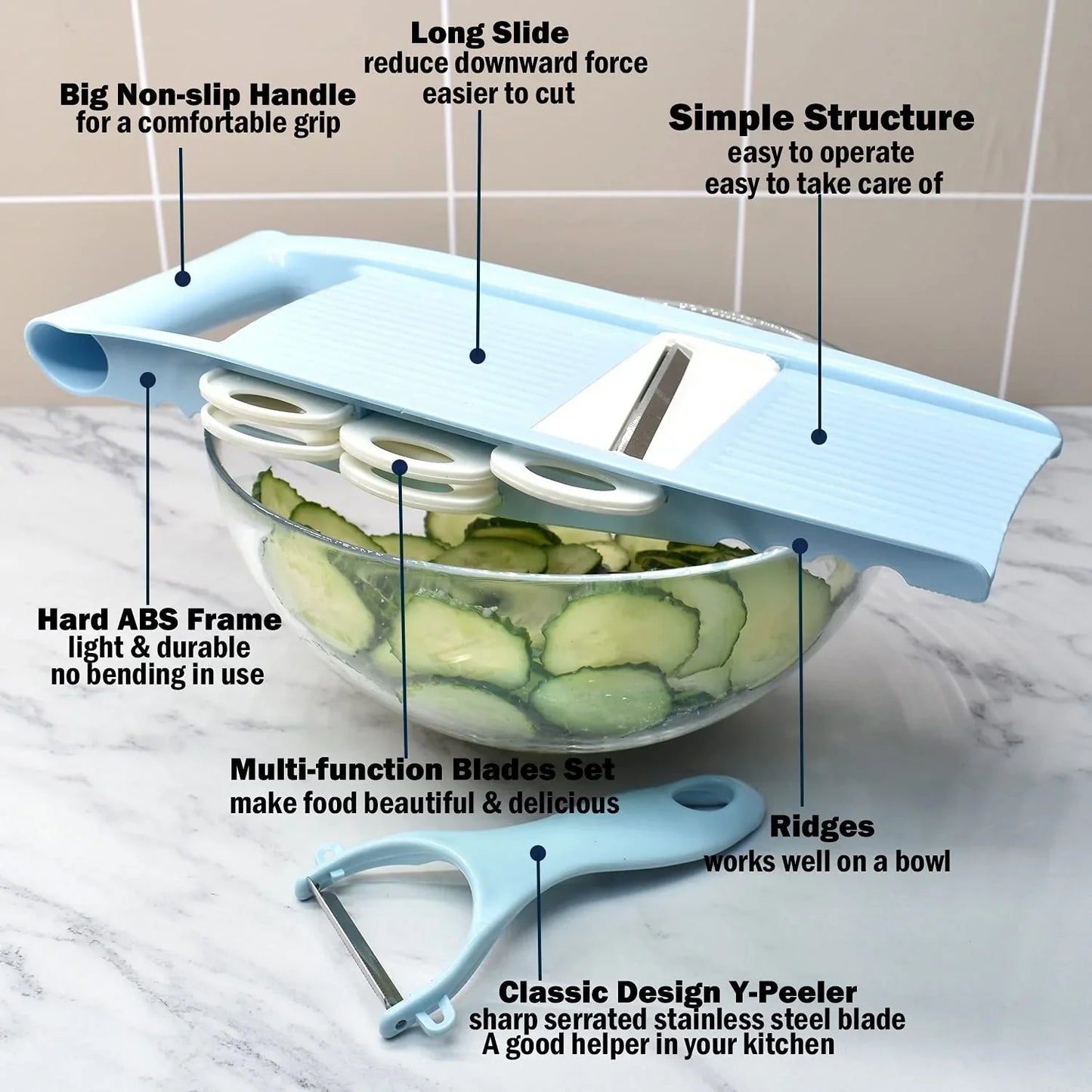 5 in 1 Mandoline Slicer for Kitchen, Vegetable Slicer Multi Blade Potato Chip, Veggie Shredder, Vegetable Cutter, Julienne Shredder and Peeler for Small Job in Kitchen Blue
