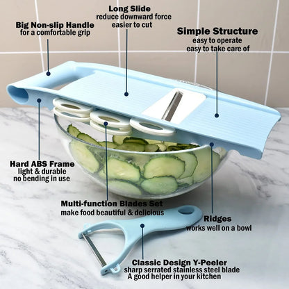 5 in 1 Mandoline Slicer for Kitchen, Vegetable Slicer Multi Blade Potato Chip, Veggie Shredder, Vegetable Cutter, Julienne Shredder and Peeler for Small Job in Kitchen Blue