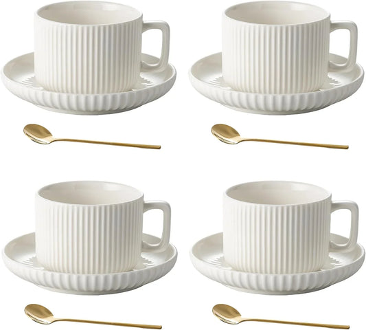 8 Ounce Cappuccino Cups Set of 4, Latte Mugs with Saucers and Spoons, White Cream Ceramic Coffee Mugs Tea Cups for Cappuccino Latte Mocha Au Lait Macchiato Cafe