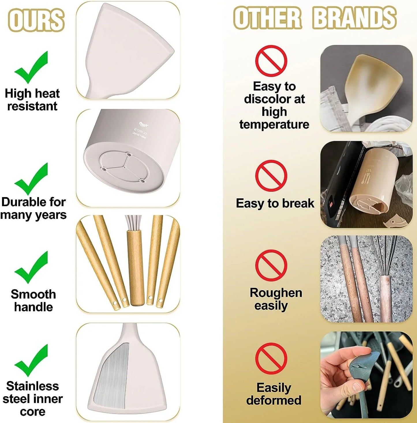 Thickened Silicone Cooking Utensils Set-  Khaki Kitchen Utensils Set, 34PCS Heat Resistant Kitchen Gadgets Tools Set with Grater, Bpa-Free Kitchen Spatula Set for Nonstick Cookware
