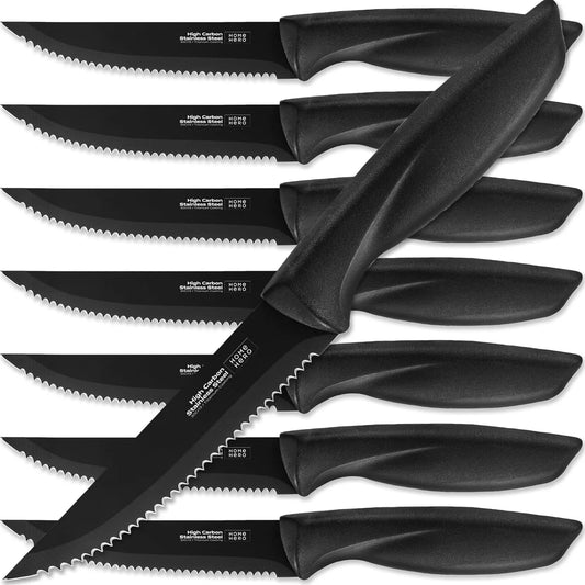 High-Carbon Stainless Steel Steak Knife Set - Sharp Serrated Knives & Nonstick Coating - Ergonomic Tpr-Coated Handles - Rust-Resistant Blades & Hand Wash - 8-Piece Set, Black