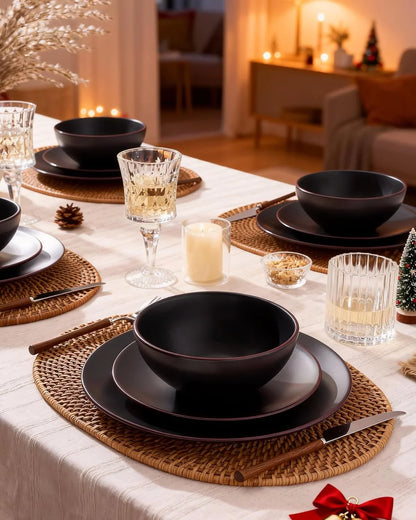 Venus Plates and Bowls Sets, 12 Pieces Stoneware Chip Resistant Dinnerware Dishes Set for 4, Matte Black - Microwave & Dishwasher Safe, Modern Minimalist, for Everyday Meals & Formal Dining