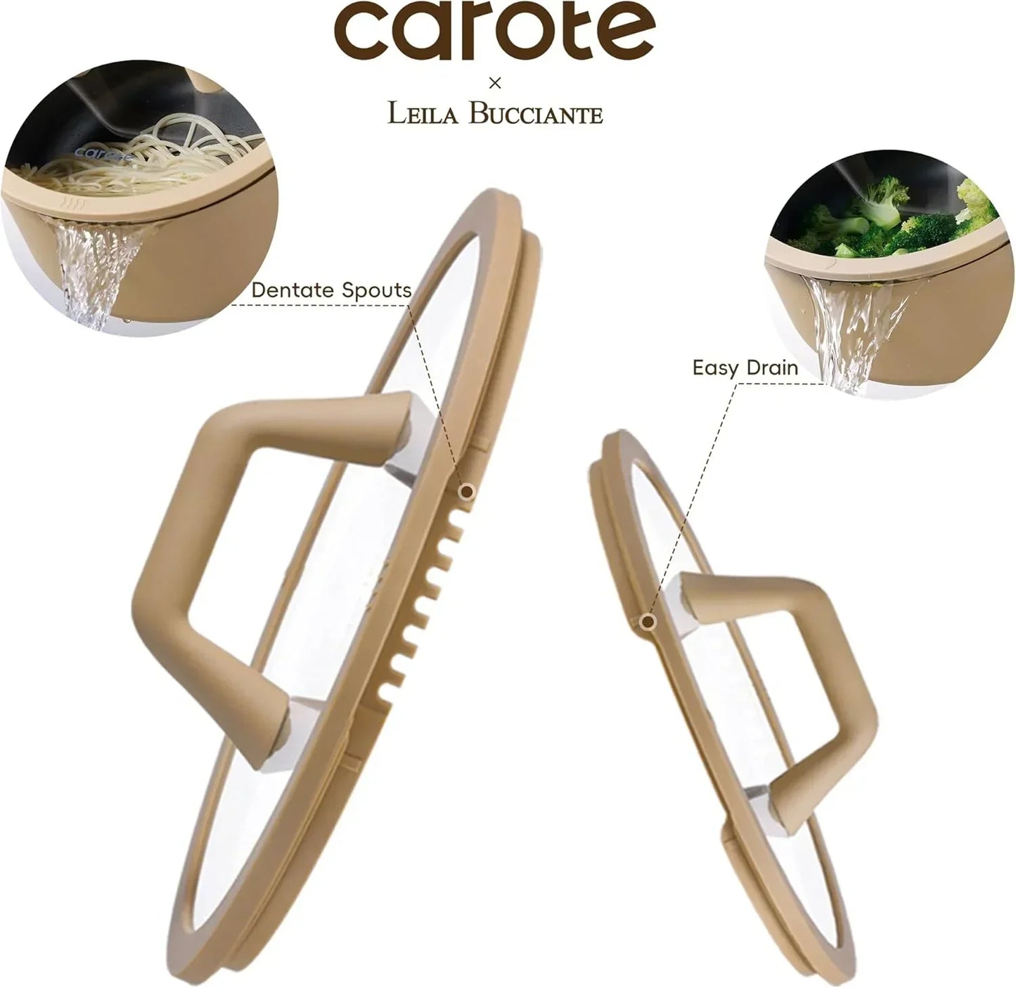 Kitchen pot lids with dentate spouts and easy drain features for straining food.