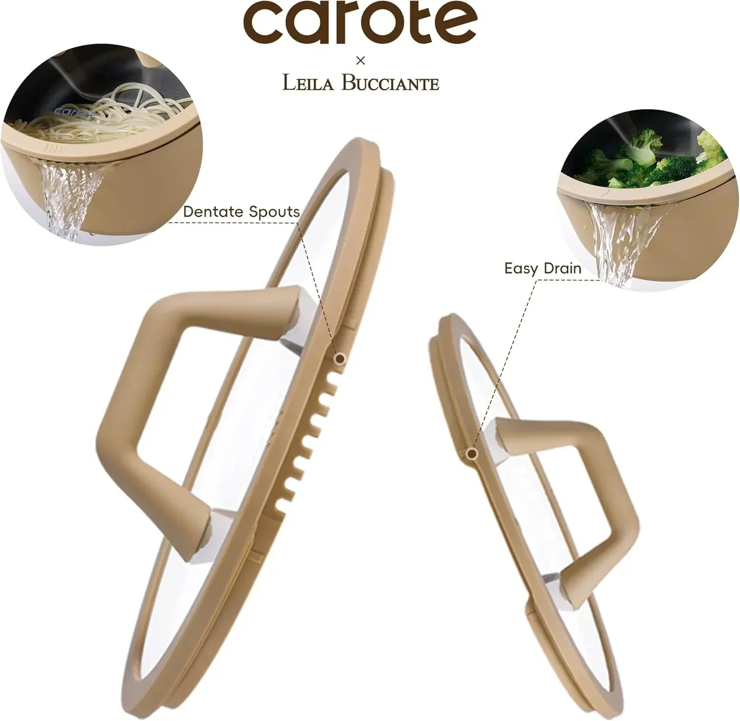 Kitchen pot lids with dentate spouts and easy drain features for straining food.