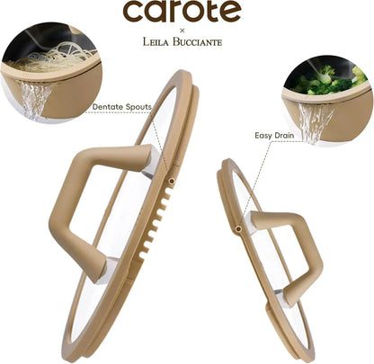 Kitchen pot lids with dentate spouts and easy drain features for straining food.