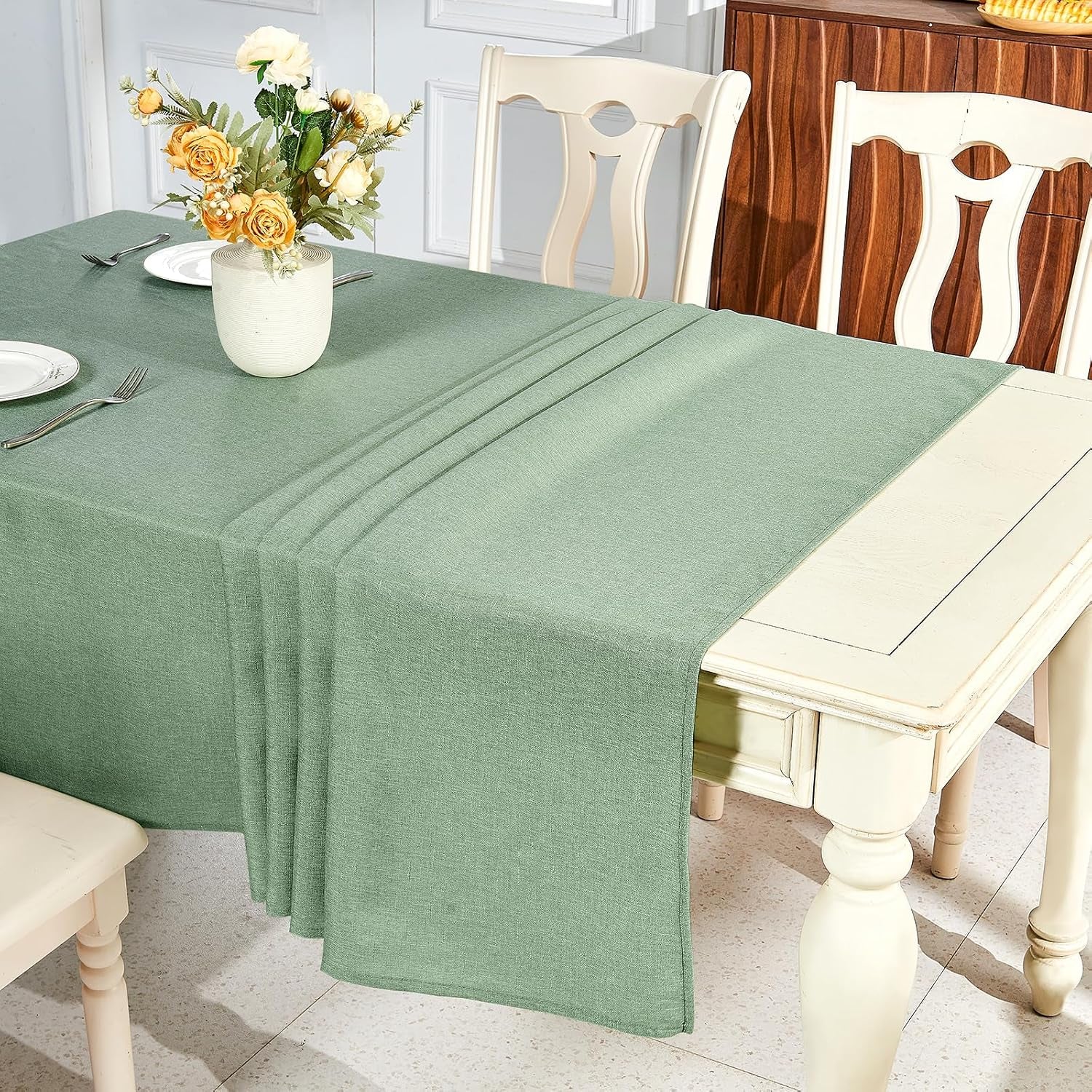 Textured Linen Table Cloth for Rectangle Tables - Sage Green Tablecloths Rectangular Waterproof Wrinkle Free Wipeable Dining Table Cover for Spring Easter Decor Wedding Birthday, 52 X 70 Inch