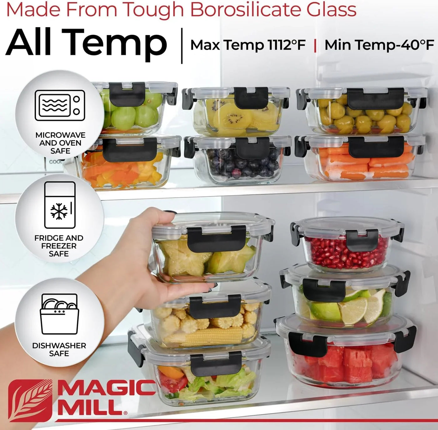 Premium Borosilicate Glass Food Storage Containers with Lids Set | 24Pc Sets with 12 Bowls & 12 Airtight Locking Lids for Lunch & Meal Prep, Safe for Oven, Freezer, Dishwasher, Bpa-Free