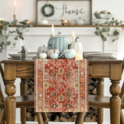 Boho Bohemia Style Red Orange Fall Table Runner, Country Rustic Farmhouse Magical Kitchen Dining Table Decoration for Home Party Decor 13X72 Inch