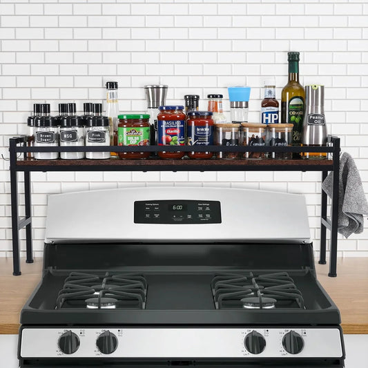 Spice Rack Shelf for Kitchen Stove，Stove Top Shelf with 4 Hooks Extra Storage Countertop, Seasoning Organizer,Kitchen Organizers and Storage