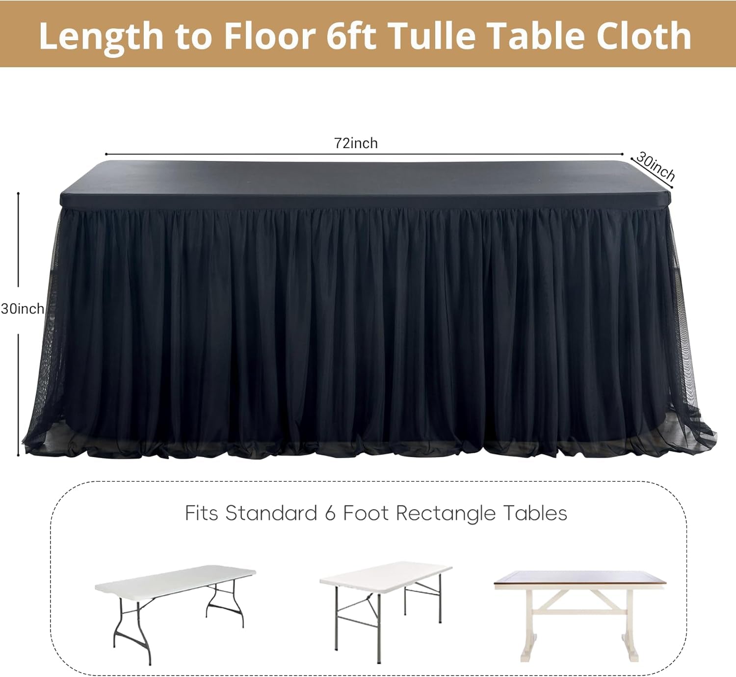 6 Pk 6Ft Black Tulle Tablecloth for Rectangle Tables, 2-In-1 Table Covers with Tulle Skirt,Wrinkle Free Stretchy Ruffle Tulle Table Cloths Fitted for Wedding Party Banquet Vendor
