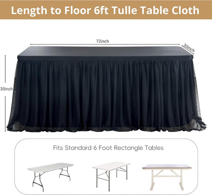 6 Pk 6Ft Black Tulle Tablecloth for Rectangle Tables, 2-In-1 Table Covers with Tulle Skirt,Wrinkle Free Stretchy Ruffle Tulle Table Cloths Fitted for Wedding Party Banquet Vendor