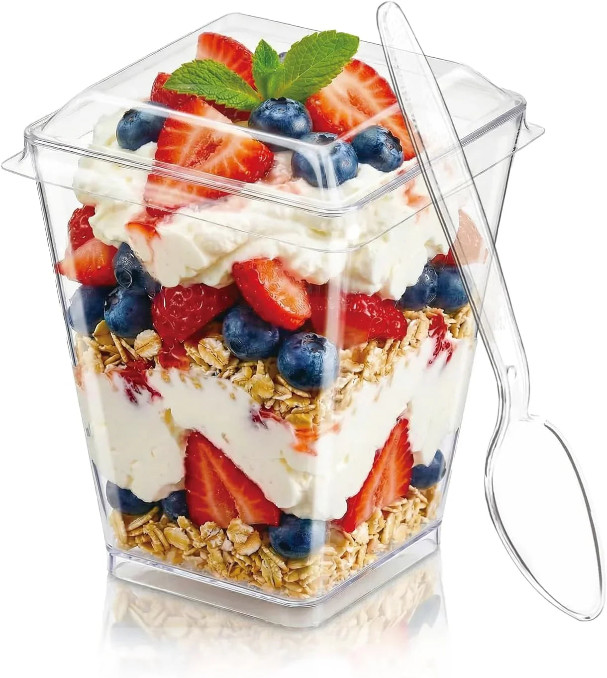 50Pack 5Oz Plastic Dessert Cups with Lids and Spoons, Clear Parfait Appetizer Cups for Party, Mini Shooter Serving Cup, Square Dessert Shot Glasses for Tasting