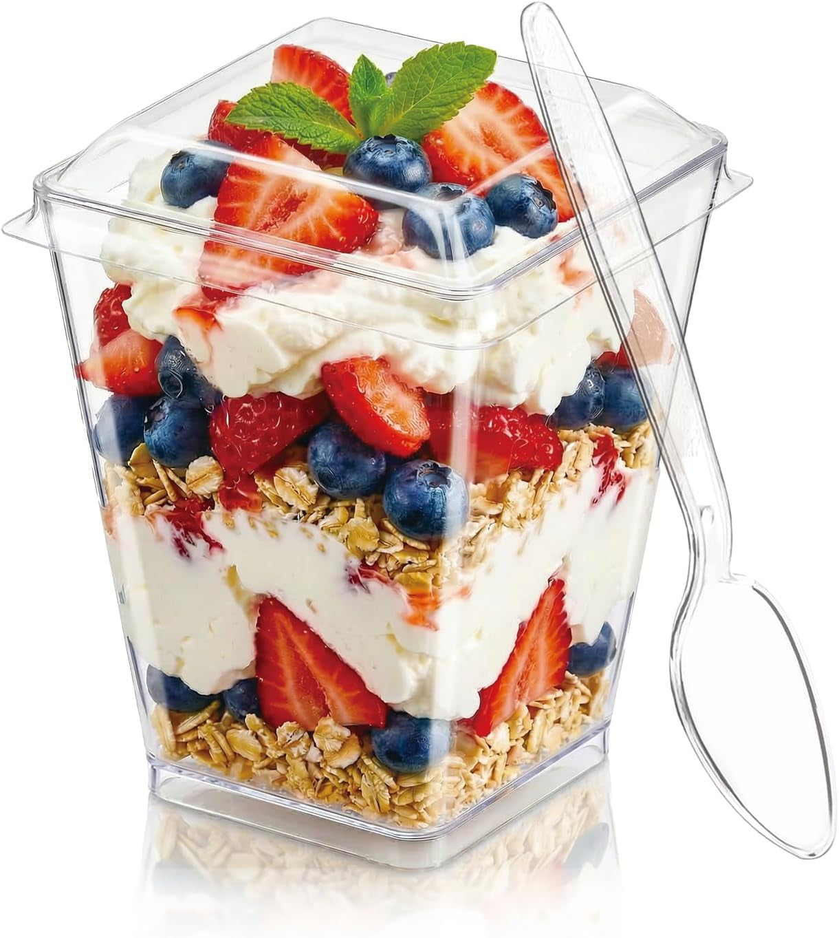 50Pack 5Oz Plastic Dessert Cups with Lids and Spoons, Clear Parfait Appetizer Cups for Party, Mini Shooter Serving Cup, Square Dessert Shot Glasses for Tasting