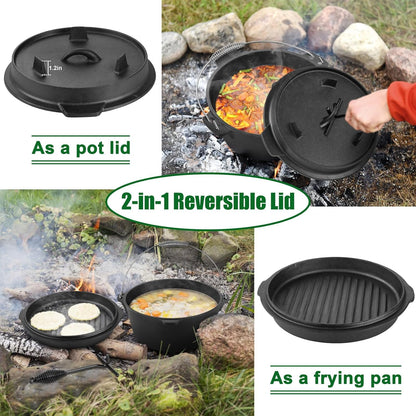 5QT Cast Iron Dutch Oven with Stainless Steel Scrubber,  2-In-1 Pre-Seasoned Camping Pot, Heavy Duty Campfire Pot with Feet for Outdoor Stovetop Griddle Cooking Baking Roasting Stewing