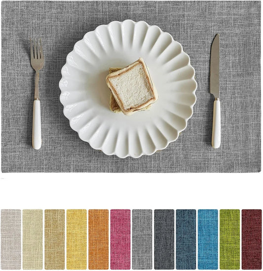 Faux Linen Placemats Set of 6-12 X 18 Inch, Heat Resistant Double Layered Durable Burlap Farmhouse Place Mats, Non-Slip Washable Rustic Table Mats for Dining, Kitchen, Party（Light Grey