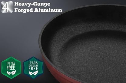 Titanium Nonstick 11 Inch Wok and Stir Fry Pan with Glass Lid Forged Aluminum with PFOA Free Scratch Resistant (Red)