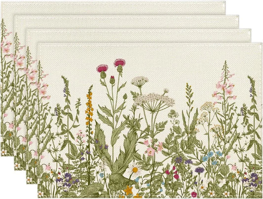 Antique Herbs and Wild Flowers Summer Placemats Set of 4, 12X18 Inch Seasonal Wildflower Spring Table Mats for Party Kitchen Dining Decoration