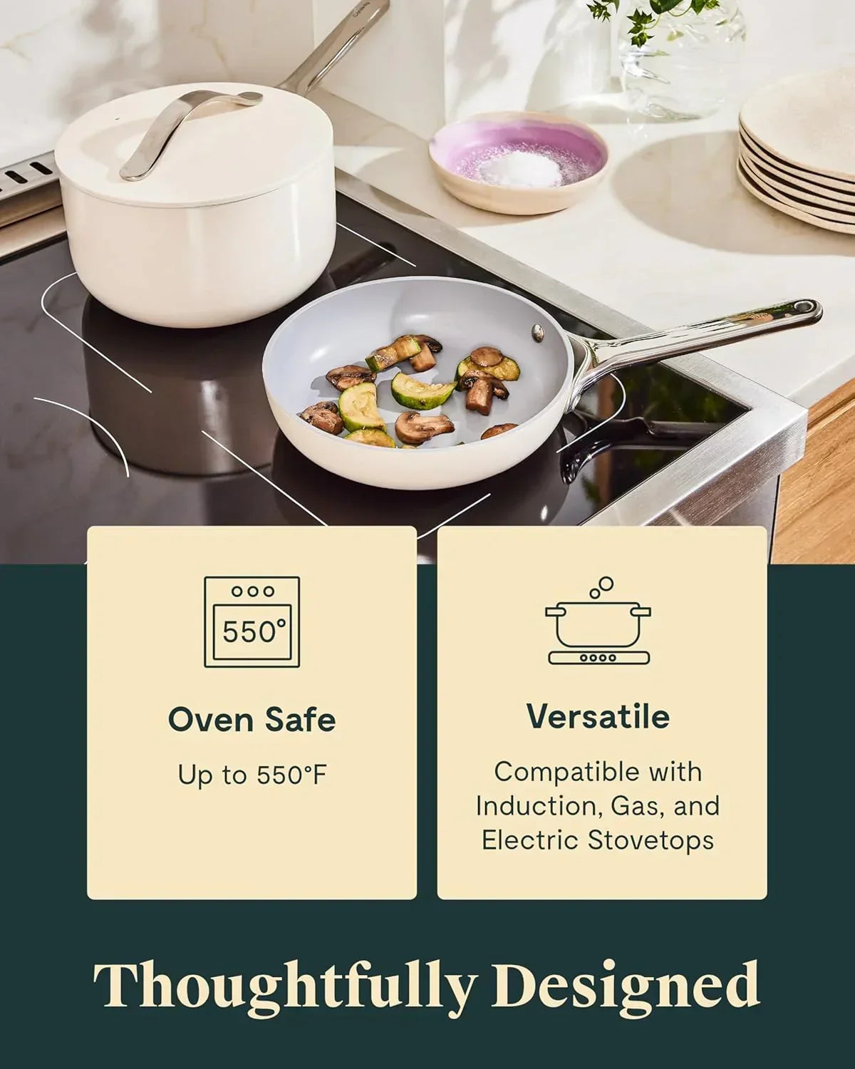 White saucepan with lid and nonstick frying pan on induction cooktop, oven safe, versatile cookware