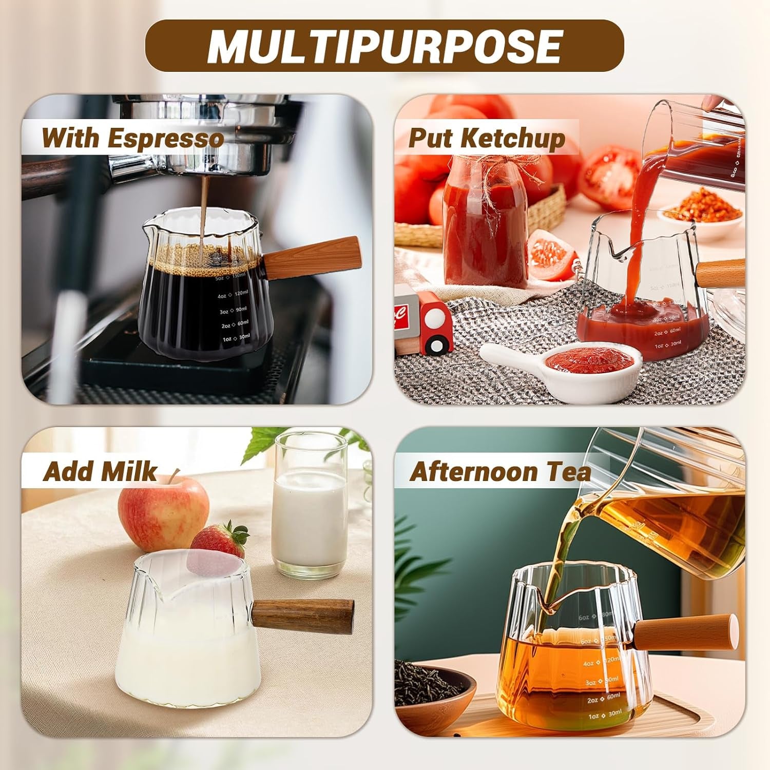 2 PCS Espresso Measuring Cup 6 Oz, Espresso Glass Cups with Wood Handle, Milk Frothing Cup, Espresso Cup for Coffee, Milk, Tea or Maple Syrup Serving