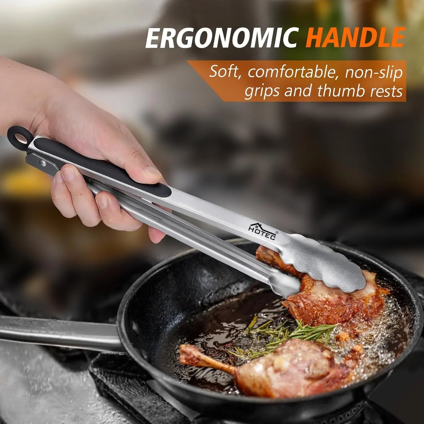 Stainless Steel Kitchen Tongs, Set of 2-9" and 12", Locking Metal Food Tongs for Cooking, Serving, BBQ, Grill Non-Slip Grip