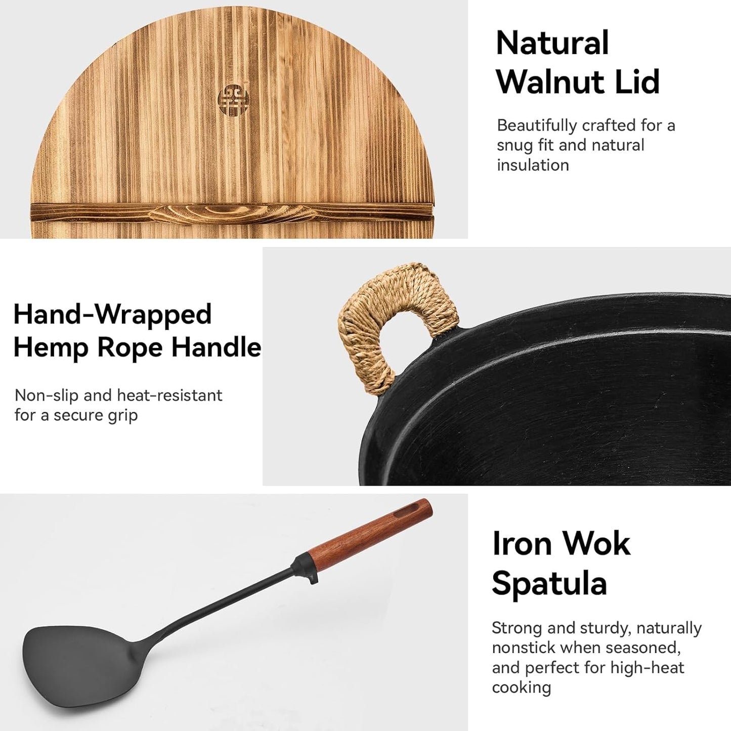 14.2 Inch Cast Iron Wok with Wooden Lid and Iron Spatula, Flat Bottom Double-Handle Chinese Stir Fry Pan, Uncoated Cast Iron Wok for Induction, Gas and Electric Stoves