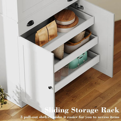 Kitchen Pantry Cabinet 72" Height, Freestanding Cupboard with Drawer, Sliding Storage Rack, and 6 Hanging Shelves for Dining Room, Laundry, White