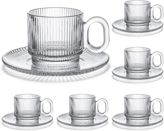 6 Sets of Glass Tea Cups with Saucers Vintage Coffee Mugs 5.6 Oz Clear Espresso Cup with Handle Embossed Glassware for Hot Cold Beverages Americano Cappuccino Latte Tea