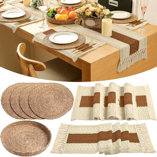 Boho Placemats 4/6/8 Set of round Woven Placemat Macrame Style Bicolor Stitching Long Table Runner Farmhouse Rustic Natural Burlap Cotton for Kitchen Dining Table(4 Sets,Caramel Color,12X72)