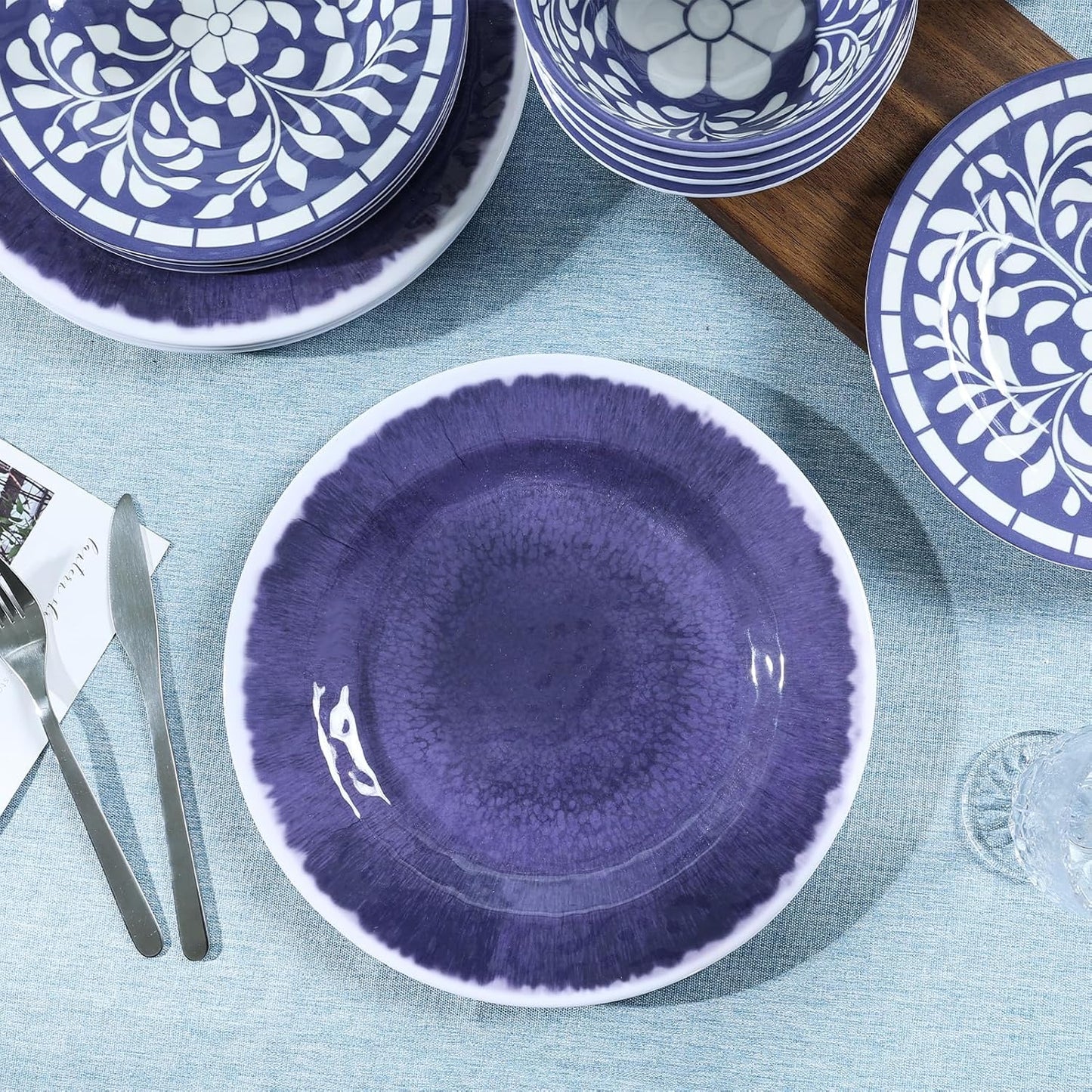 Melamine Dinnerware Set, 12 Pieces Plates and Bowls Set, Unbreakable Dish Set,Lightweight,Camping,Dishwasher Safe,Service for 4, Blue-Purple