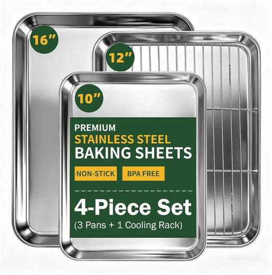 4-Piece Baking Sheet Set with Cooling Rack, Stainless Steel Cookie Sheets & Baking Pans Set, Non-Stick Cookie Trays for Oven Roasting & Food Prep, Bpa-Free 10/12/16 Inch