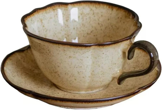 Ceramic Coffee Cup and Saucer Set – 10Oz Caramel Kiln-Glazed Ceramic Teacup with Saucer, Vintage Handmade Pottery Mug for Coffee, Tea, or Latte