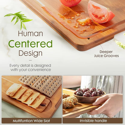 Human-centered bamboo cutting board with deeper juice grooves, wide slot, and invisible handle for convenience.
