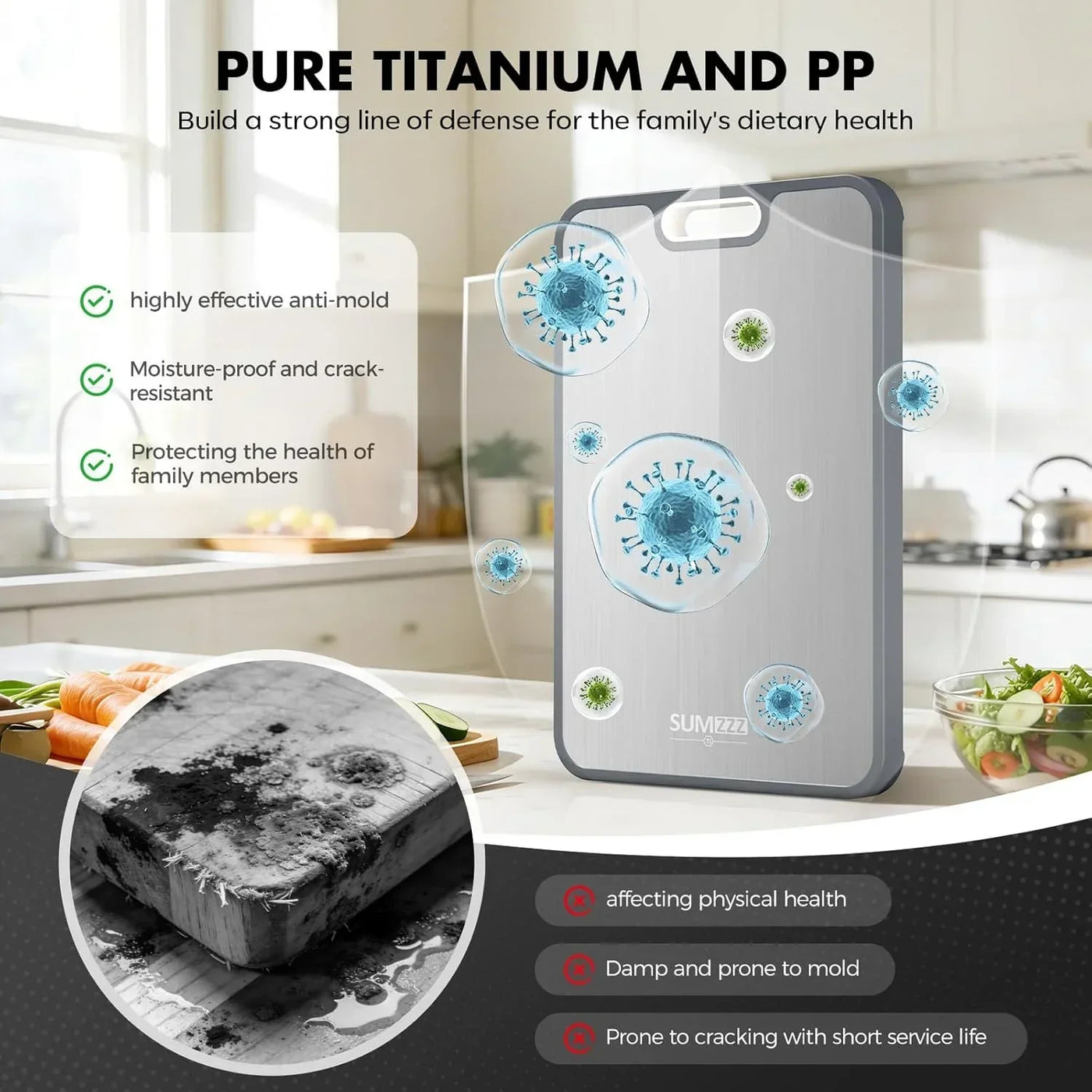Pure titanium and PP cutting board, anti-mold, moisture-proof, crack-resistant for healthy cooking