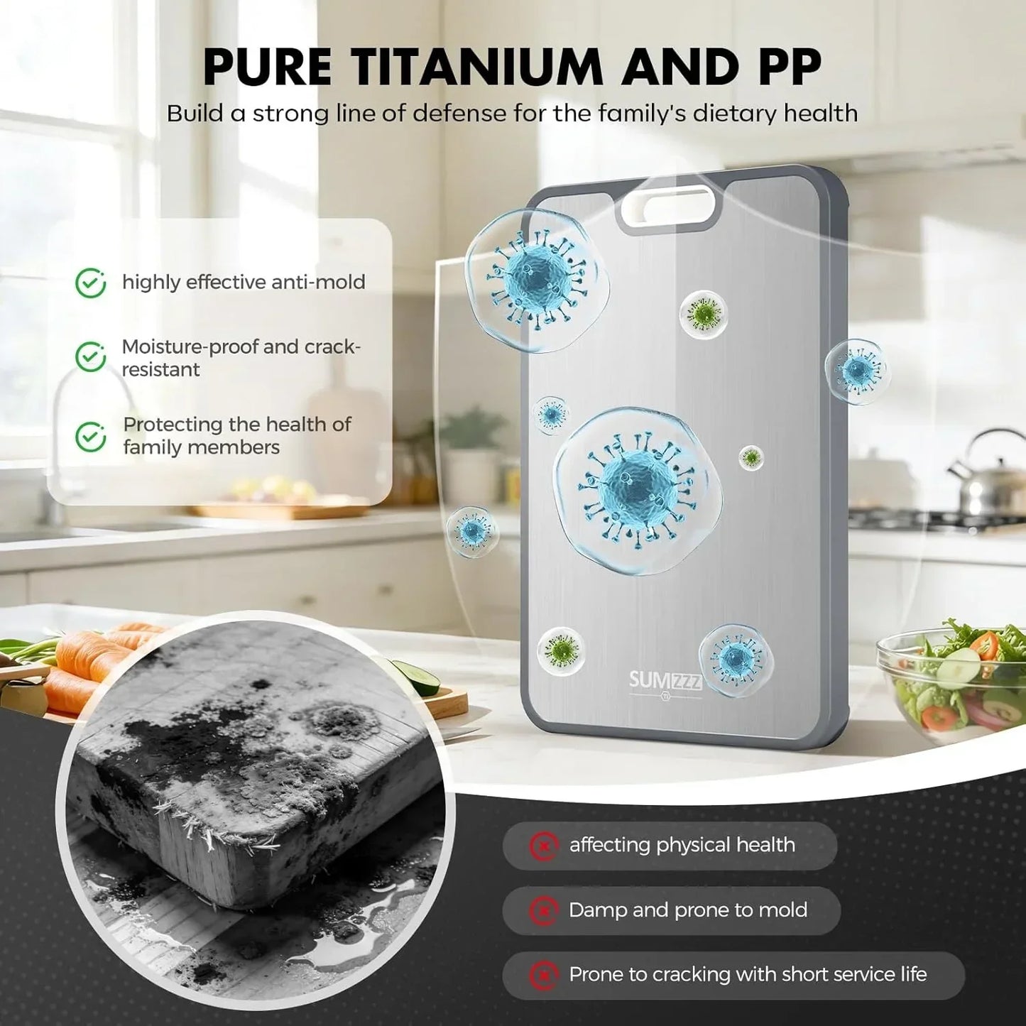 Pure titanium and PP cutting board, anti-mold, moisture-proof, crack-resistant for healthy cooking